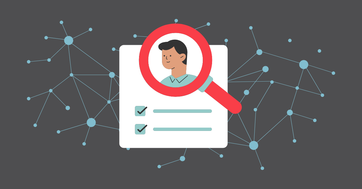 a cartoon image of a magnifying glass zoomed in on a resume with a headshot with a background of connected dots and lines symbolizing AI.