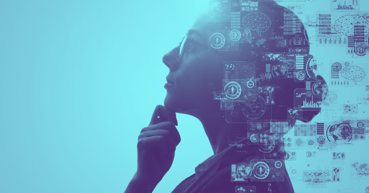 side profile of a woman in a thinking pose with AI-related graphics surrounding her